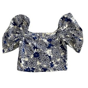 Tea & Top Floral Blue and White Puff Sleeve V-Neck Crop Top Size L